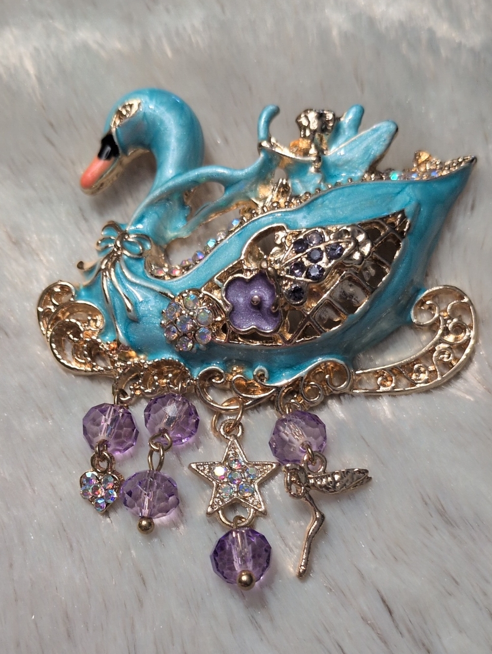 Turquoise Swan Brooch with Purple Beads - Elegant Women’s Jewelry